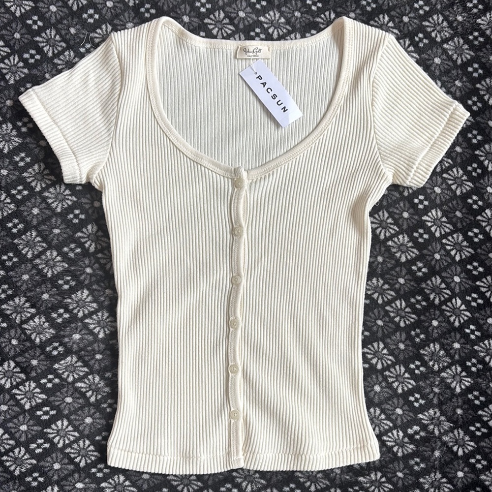 John Galt Brandy Melville Cream Ribbed Button-Up Top Pacsun